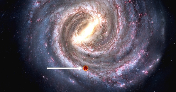Figura 3 - Posição do Sol na Via Láctea (imagem: STScI, NASA, ESA). A imagem da Via Láctea não é real, é gerada a partir do conhecimento que temos de galáxias semelhantes e de observações realizadas.