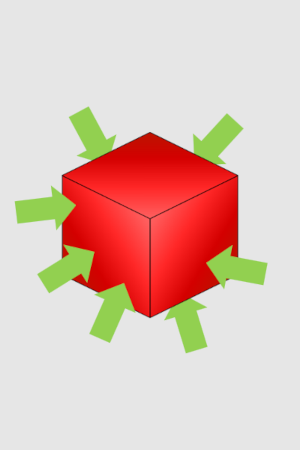 Figura 2 - Forças de pressão (a verde) que originam a impulsão do corpo (a vermelho) inserido num fluido (a cinzento).
