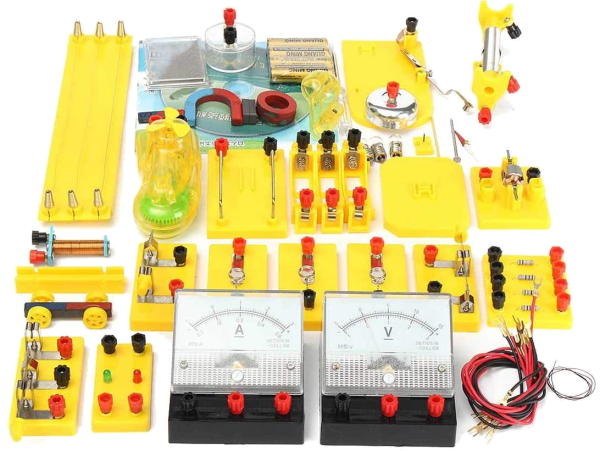 Conjunto para estudo de eletricidade e magnetismo.